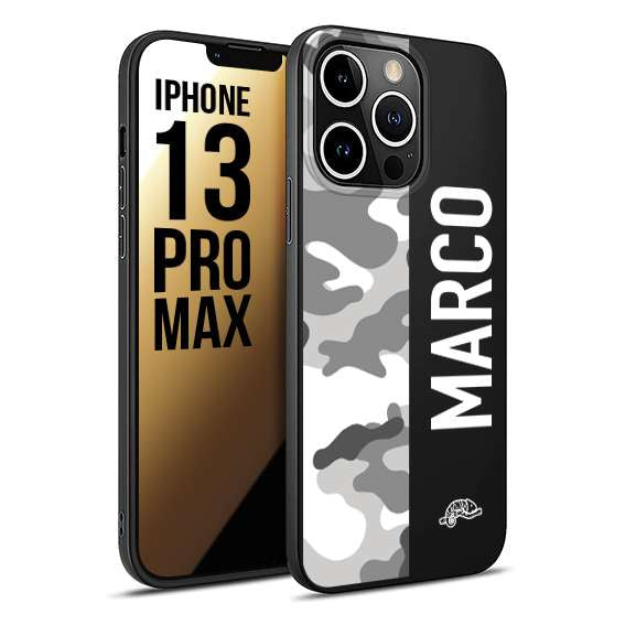 CUSTOMIZZA - Custodia cover nera morbida in tpu compatibile per iPhone 13 PRO MAX camouflage mimetico militare personalizzata nome bianco