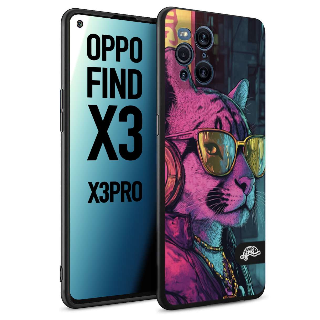 CUSTOMIZZA - Custodia cover nera morbida in tpu compatibile per Oppo Find X3 - Find X3 Pro 5G animali cyberpunk pantera street cat fucsia blu giallo