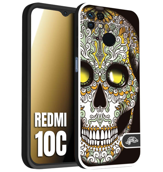 CUSTOMIZZA - Custodia cover nera morbida in tpu compatibile per Xiaomi Redmi 10C teschio messicano Mexican skull bianco verde giallo