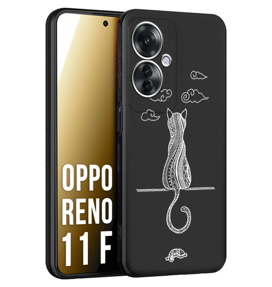 CUSTOMIZZA - Custodia cover nera morbida in tpu compatibile per Oppo Reno 11 F 5G gatto mandala stilizzato gattino a rilievo soft touch donna bianca