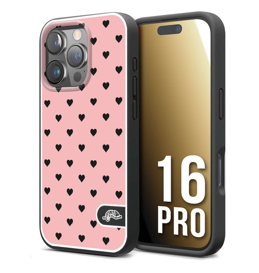 CUSTOMIZZA - Custodia cover nera morbida in tpu compatibile per iPhone 16 PRO cuori pois rosa donna pin up vintage