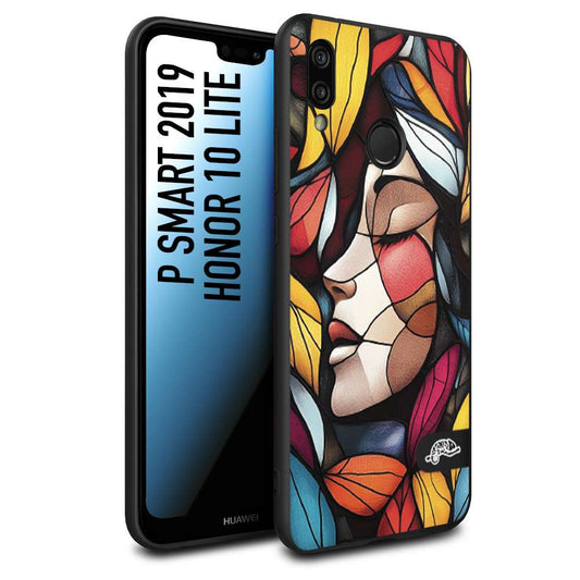 CUSTOMIZZA - Custodia cover nera morbida in tpu compatibile per Huawei P SMART 2019 Vetrata artistica volto di donna profilo fogliare mosaico di vetro colorato
