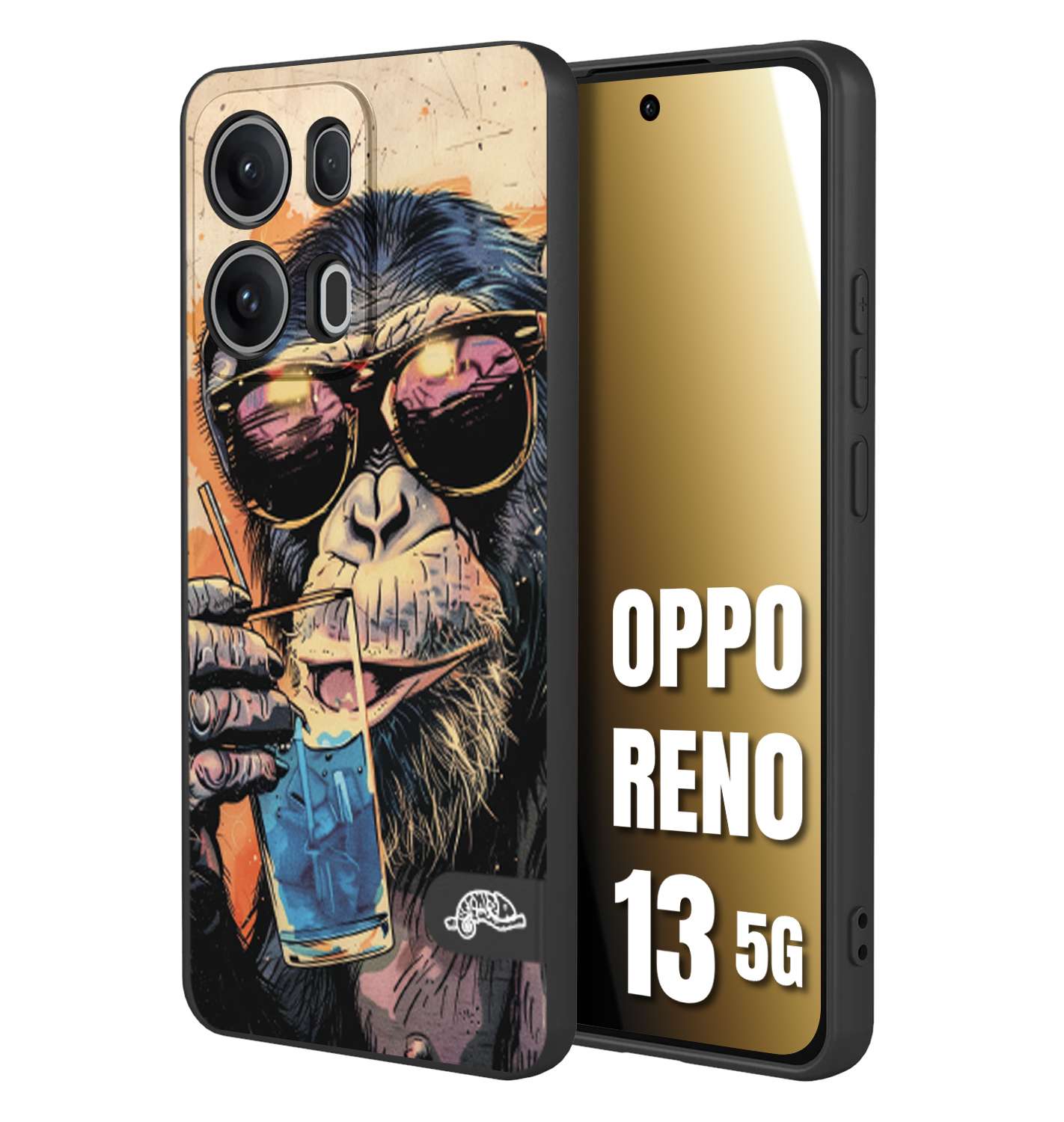CUSTOMIZZA - Custodia cover nera morbida in tpu compatibile per Oppo Reno 13 5G estate disegnata cocktails animali simpatici scimmia monkey negroni