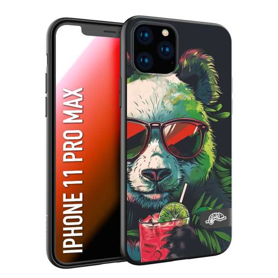 CUSTOMIZZA - Custodia cover nera morbida in tpu compatibile per iPhone 11 PRO MAX estate disegnata cocktails animali simpatici panda mojito