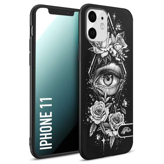 CUSTOMIZZA - Custodia cover nera morbida in tpu compatibile per iPhone 11 occhio fiori rombo geometrico black and white bianco a rilievo disegnato tattoo tatuaggio