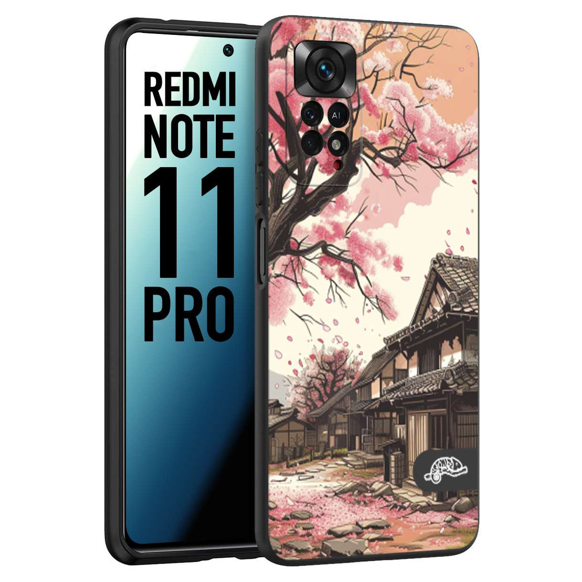 CUSTOMIZZA - Custodia cover nera morbida in tpu compatibile per Xiaomi Redmi Note 11 PRO casa giapponese rosa ciliegio in fiore disegnata tattoo