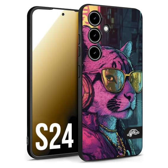 CUSTOMIZZA - Custodia cover nera morbida in tpu compatibile per Samsung S24 animali cyberpunk pantera street cat fucsia blu giallo