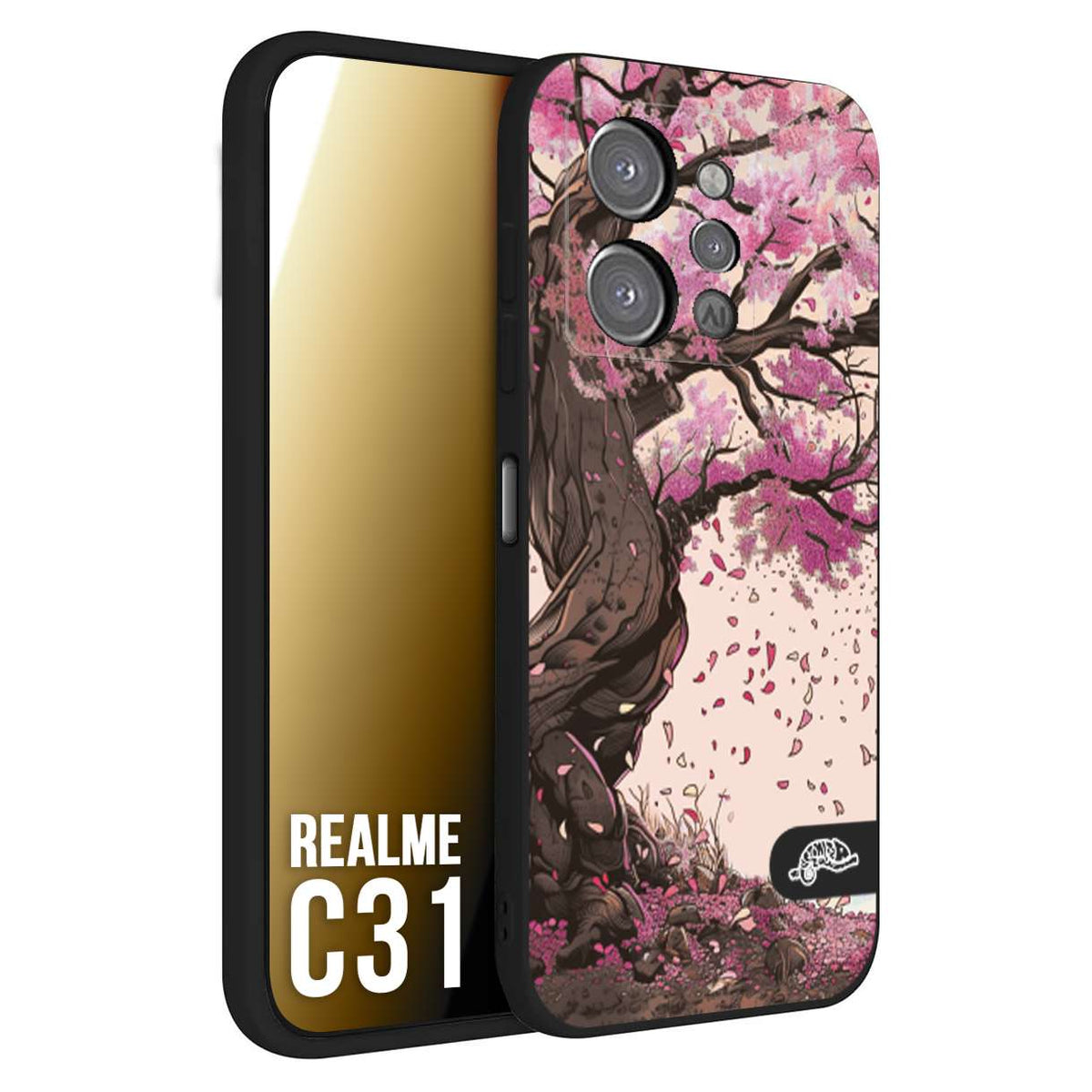 CUSTOMIZZA - Custodia cover nera morbida in tpu compatibile per Realme C31 giapponese colori morbidi fiori di ciliegio rosa disegnata