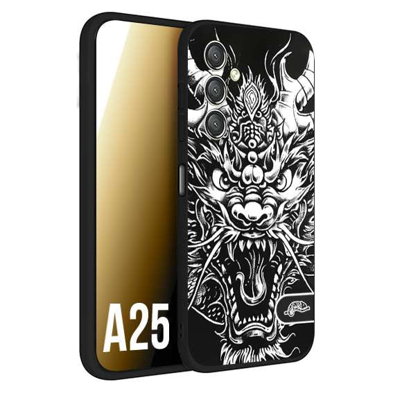 CUSTOMIZZA - Custodia cover nera morbida in tpu compatibile per Samsung A25 drago black and white bianco a rilievo disegnato tattoo tatuaggio