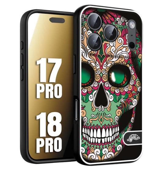 CUSTOMIZZA - Custodia cover nera morbida in tpu compatibile per iPhone 17 PRO - 18 PRO teschio messicano Mexican skull verde fucsia