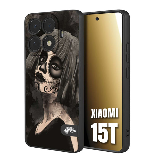 CUSTOMIZZA - Custodia cover nera morbida in tpu compatibile per Xiaomi 15T chicana messicana dea de la muerte donna santa tattoo disegnata