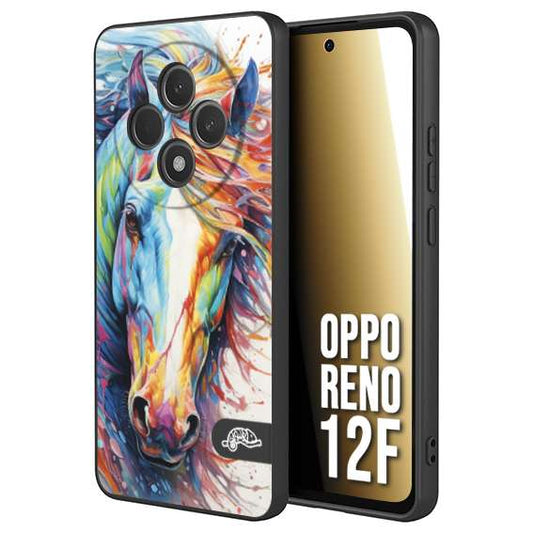CUSTOMIZZA - Custodia cover nera morbida in tpu compatibile per Oppo Reno 12F animali color cavallo horse viso colori vibranti disegnato schizzo