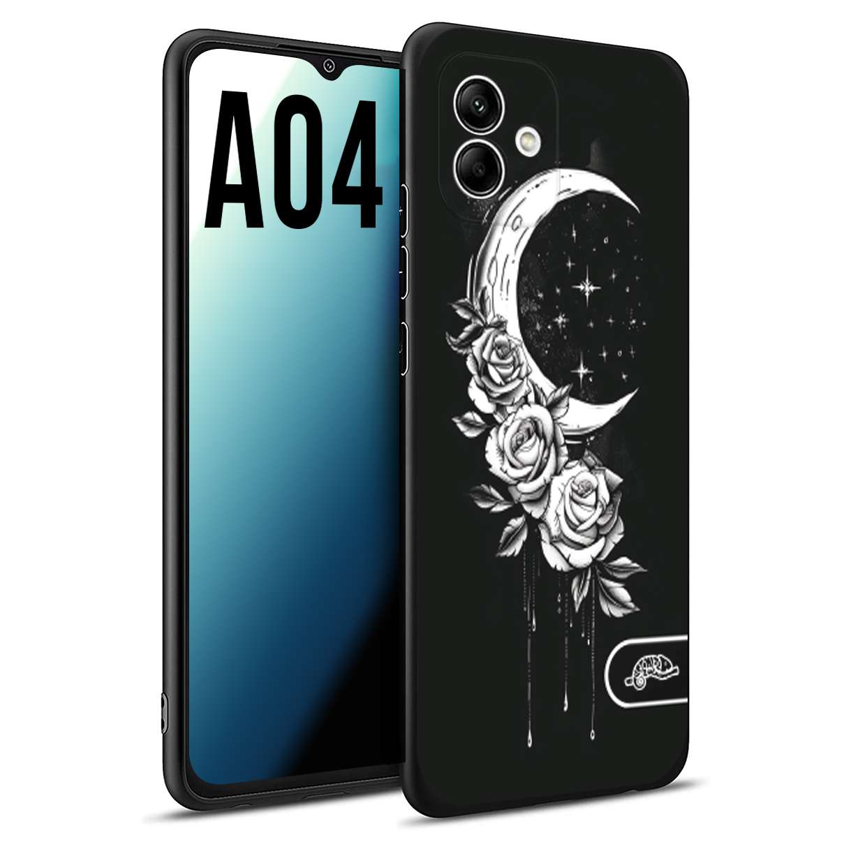 CUSTOMIZZA - Custodia cover nera morbida in tpu compatibile per Samsung A04 luna e fiori moon flowers black and white bianco a rilievo disegnato tattoo tatuaggio
