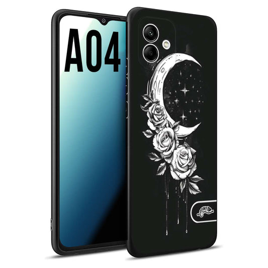 CUSTOMIZZA - Custodia cover nera morbida in tpu compatibile per Samsung A04 luna e fiori moon flowers black and white bianco a rilievo disegnato tattoo tatuaggio