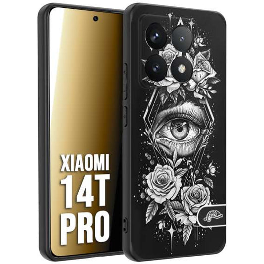 CUSTOMIZZA - Custodia cover nera morbida in tpu compatibile per Xiaomi 14T PRO occhio fiori rombo geometrico black and white bianco a rilievo disegnato tattoo tatuaggio
