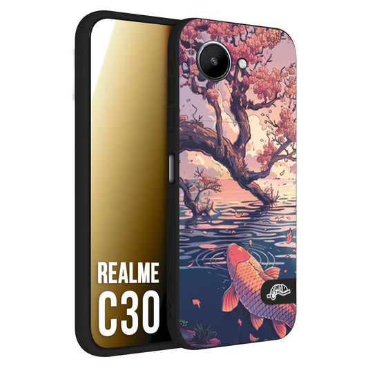 CUSTOMIZZA - Custodia cover nera morbida in tpu compatibile per Oppo Realme C30 giapponese lago carpa koi rosa con foglie d'acero disegnata tattoo