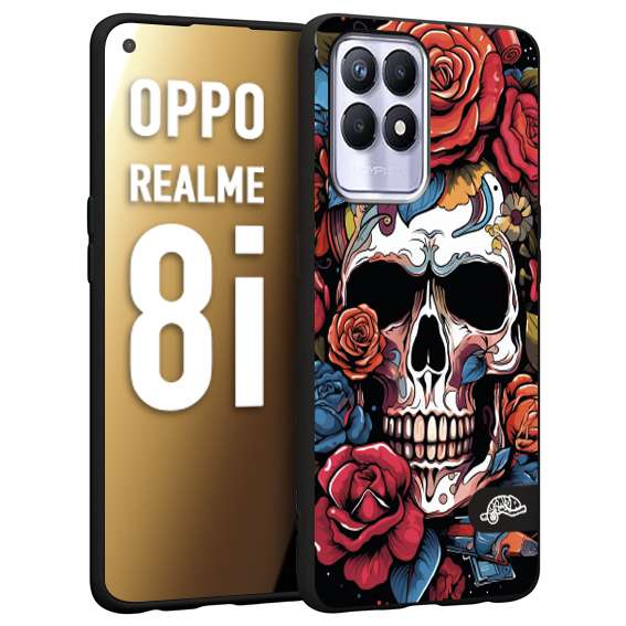 CUSTOMIZZA - Custodia cover nera morbida in tpu compatibile per Realme 8i teschio skull flowers fiori rose rosse tattoo disegnato
