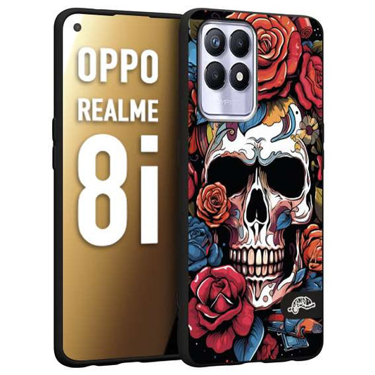 CUSTOMIZZA - Custodia cover nera morbida in tpu compatibile per Realme 8i teschio skull flowers fiori rose rosse tattoo disegnato