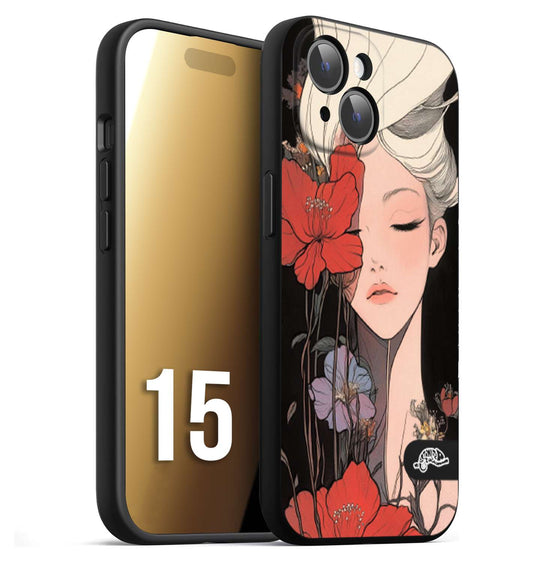 CUSTOMIZZA - Custodia cover nera morbida in tpu compatibile per iPhone 15 woman flower Fantasia Floreale Design Donna e Fiori, Retro Artistico