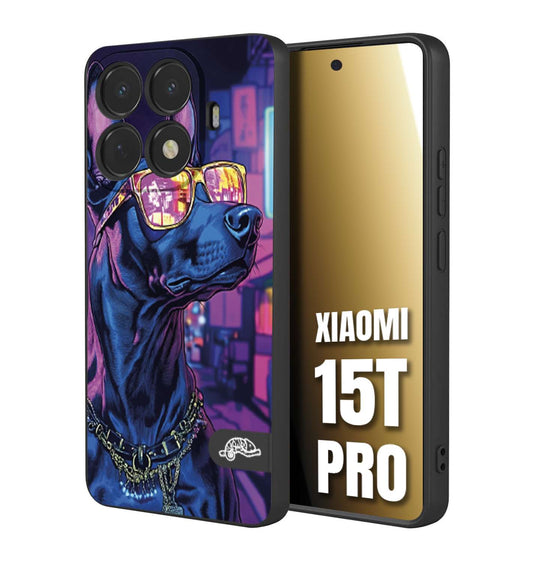CUSTOMIZZA - Custodia cover nera morbida in tpu compatibile per Xiaomi 15T PRO animali cyberpunk dobermann cane street dog fucsia blu night