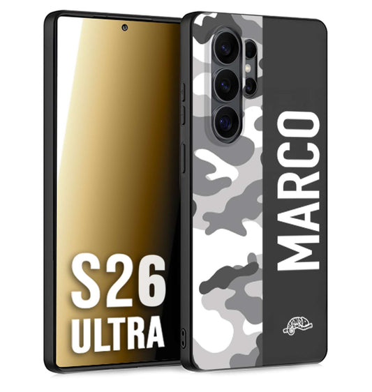 CUSTOMIZZA - Custodia cover nera morbida in tpu compatibile per Samsung S26 ULTRA camouflage mimetico militare personalizzata nome bianco
