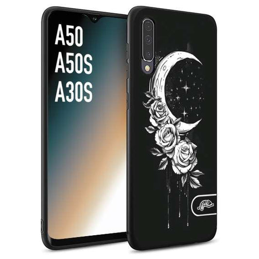 CUSTOMIZZA - Custodia cover nera morbida in tpu compatibile per Samsung A50 - A50S - A30S luna e fiori moon flowers black and white bianco a rilievo disegnato