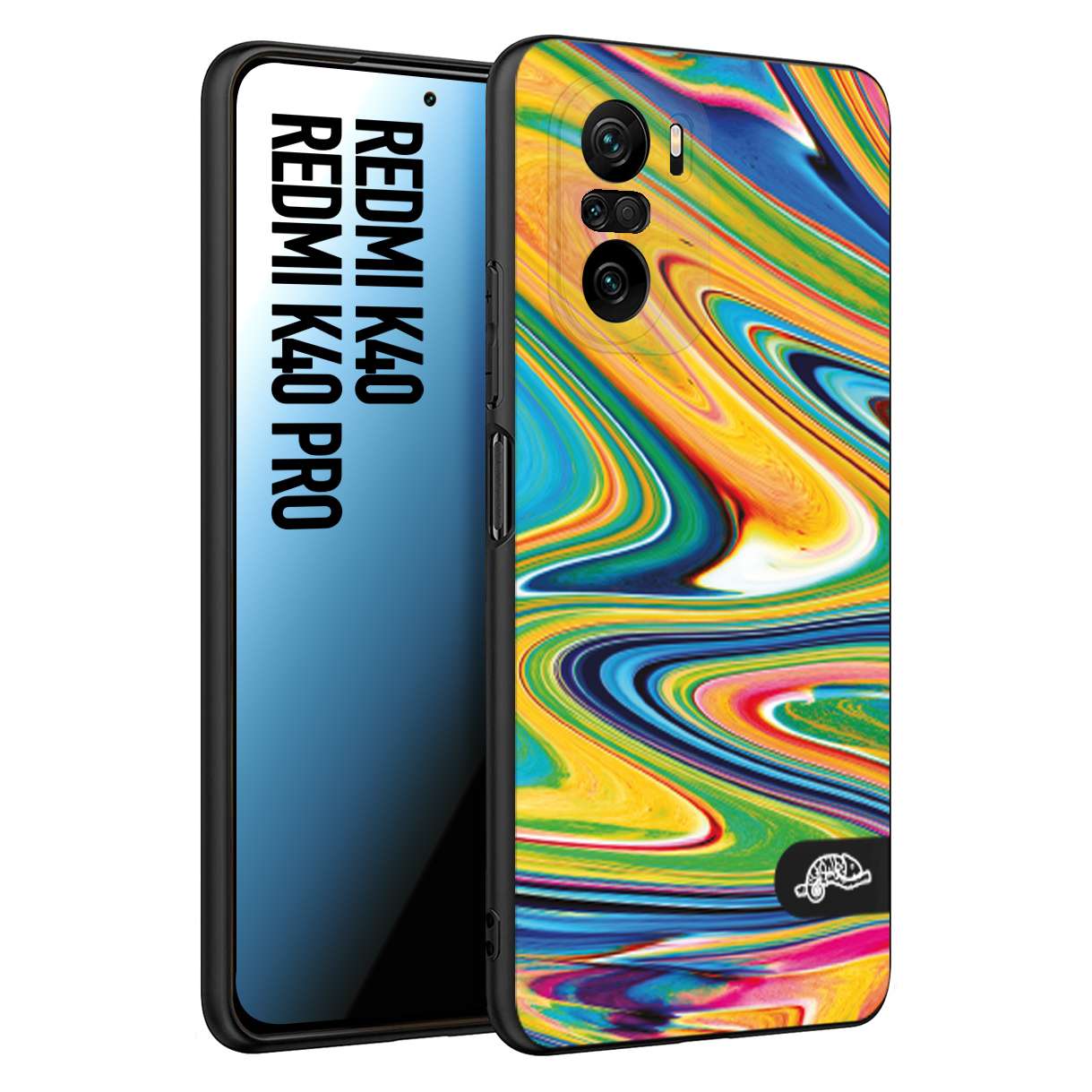 CUSTOMIZZA - Custodia cover nera morbida in tpu compatibile per Xiaomi Redmi K40 - K40 Pro colorata fantasia vortice marmo arcobaleno gialla verde blu
