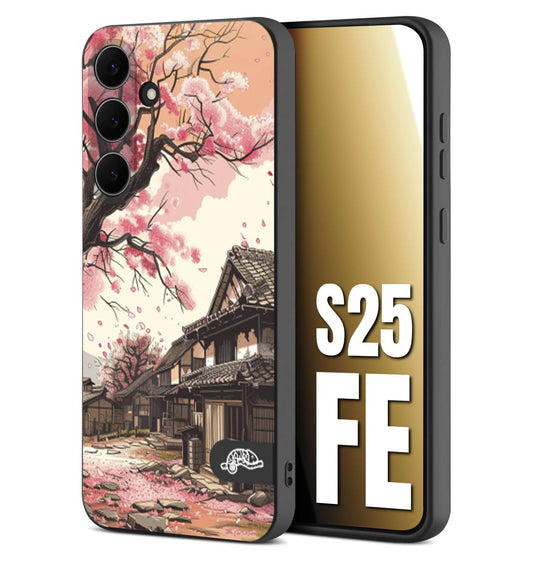 CUSTOMIZZA - Custodia cover nera morbida in tpu compatibile per Samsung S25 FE casa giapponese rosa ciliegio in fiore disegnata tattoo