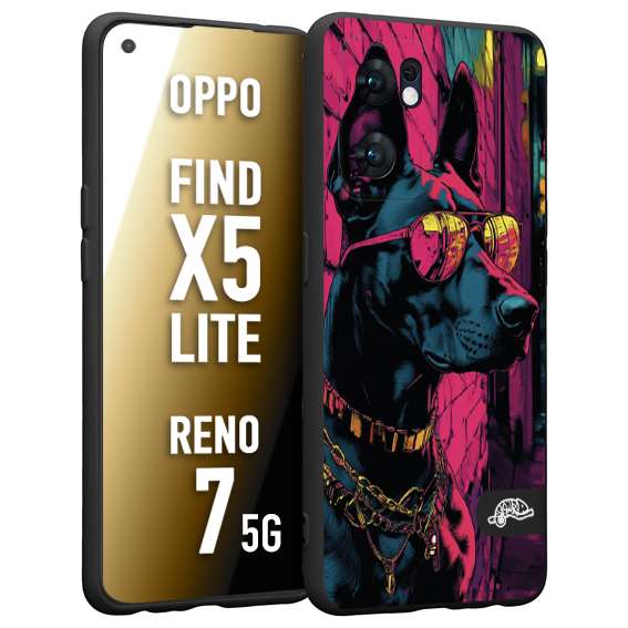 CUSTOMIZZA - Custodia cover nera morbida in tpu compatibile per Oppo Reno 7 - Find X5 LITE animali cyberpunk dobermann cane street dog fucsia blu