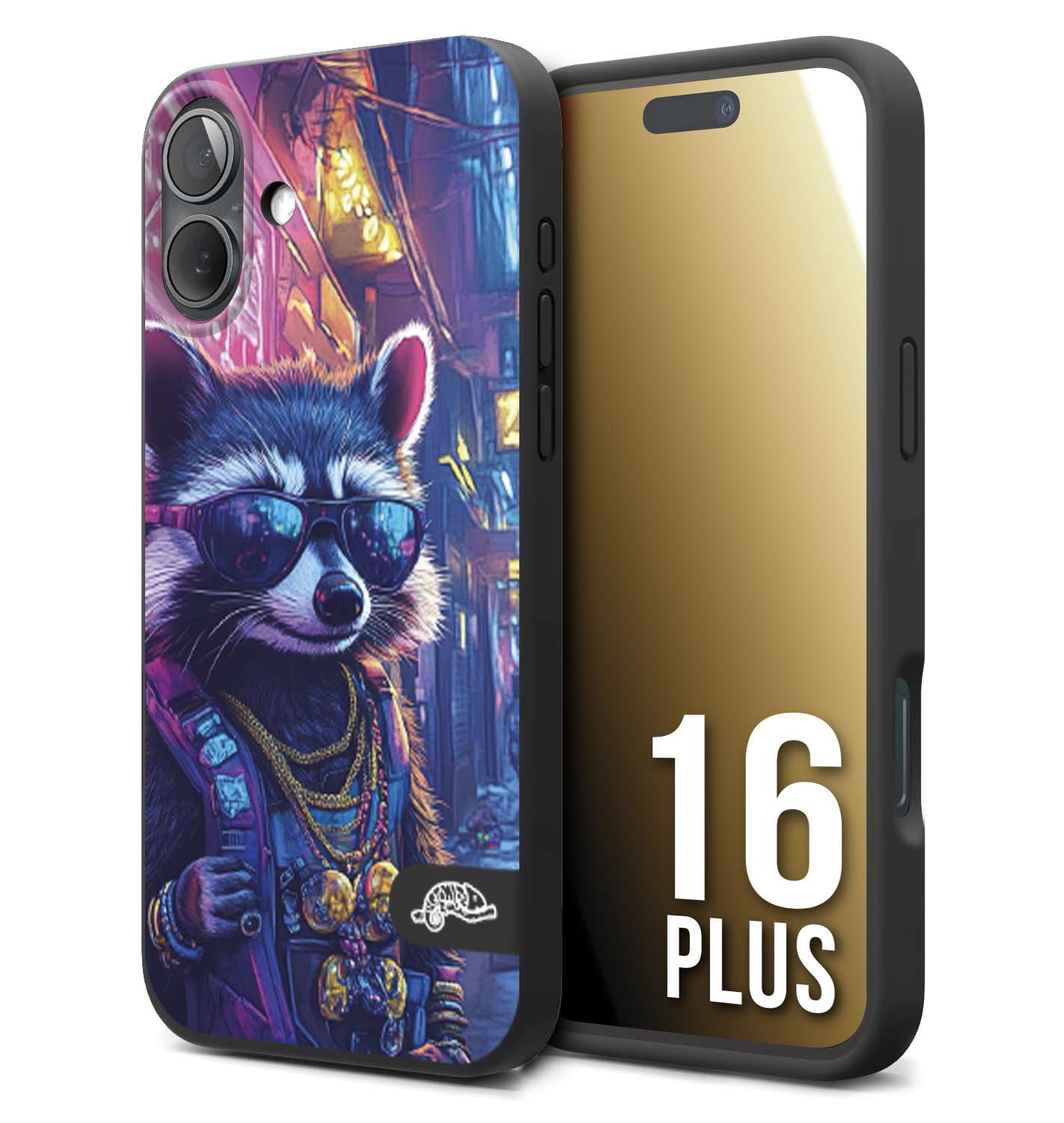 CUSTOMIZZA - Custodia cover nera morbida in tpu compatibile per iPhone 16 PLUS animali simpatici cyberpunk procione racoon street cat fucsia blu giallo