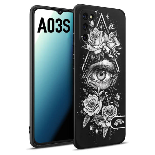 CUSTOMIZZA - Custodia cover nera morbida in tpu compatibile per Samsung A03S occhio fiori rombo geometrico black and white bianco a rilievo disegnato tattoo tatuaggio