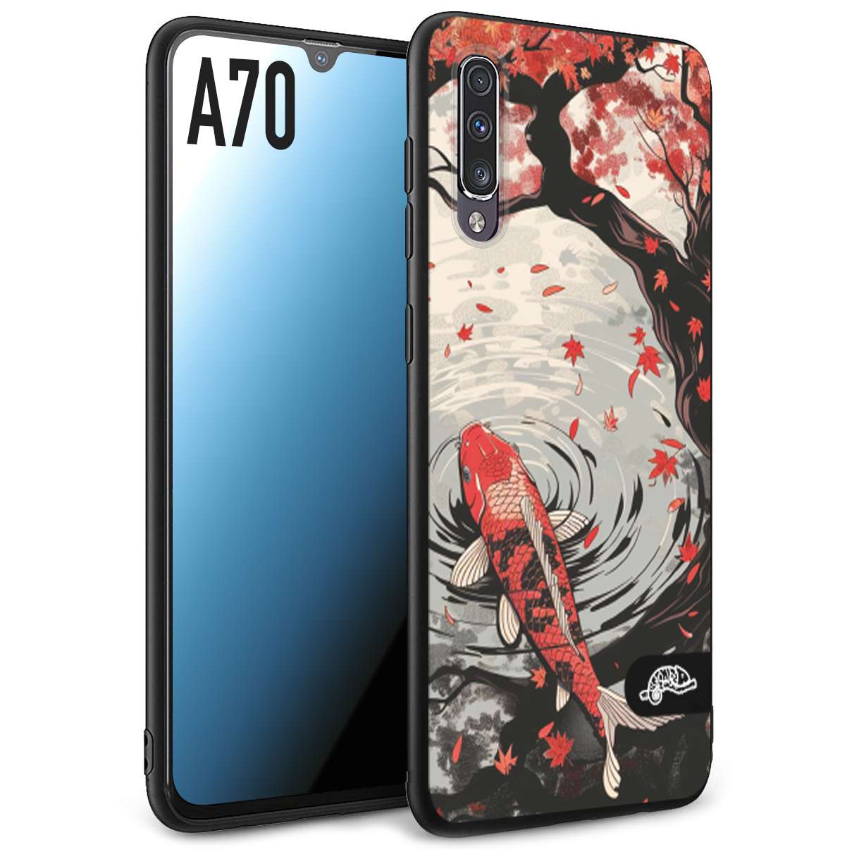 CUSTOMIZZA - Custodia cover nera morbida in tpu compatibile per Samsung A70 giapponese lago carpa koi rossa con foglie d'acero rosso disegnata tattoo