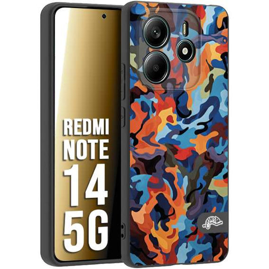 CUSTOMIZZA - Custodia cover nera morbida in tpu compatibile per Xiaomi Redmi Note 14 5G camouflage mimetico militare moderno blu arancio rosso