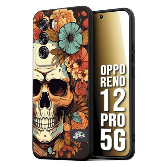 CUSTOMIZZA - Custodia cover nera morbida in tpu compatibile per Oppo Reno 12 PRO 5G teschio skull flowers fiori autunnali arancio celeste tattoo