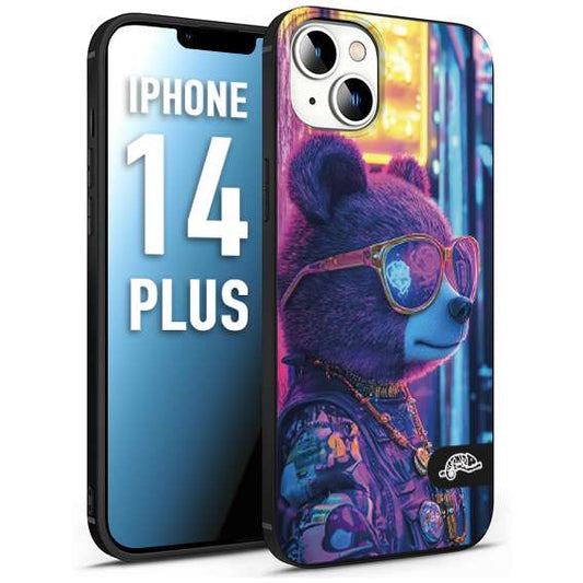 CUSTOMIZZA - Custodia cover nera morbida in tpu compatibile per iPhone 14 PLUS animali cyberpunk orsetto orso street bear fucsia blu night