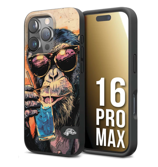 CUSTOMIZZA - Custodia cover nera morbida in tpu compatibile per iPhone 16 PRO MAX estate disegnata cocktails animali simpatici scimmia monkey negroni