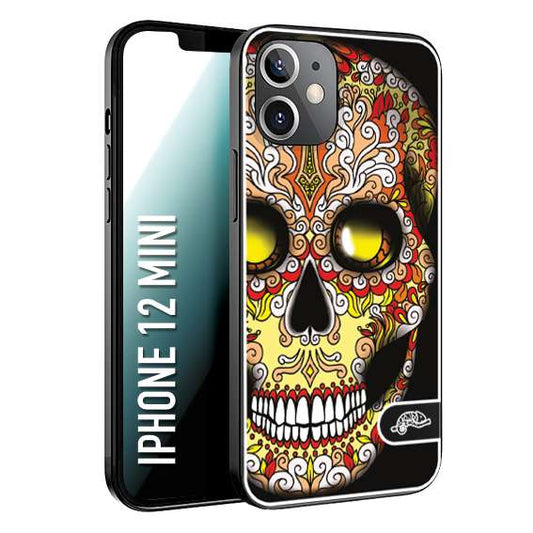 CUSTOMIZZA - Custodia cover nera morbida in tpu compatibile per iPhone 12 MINI teschio messicano Mexican skull giallo rosso arancio