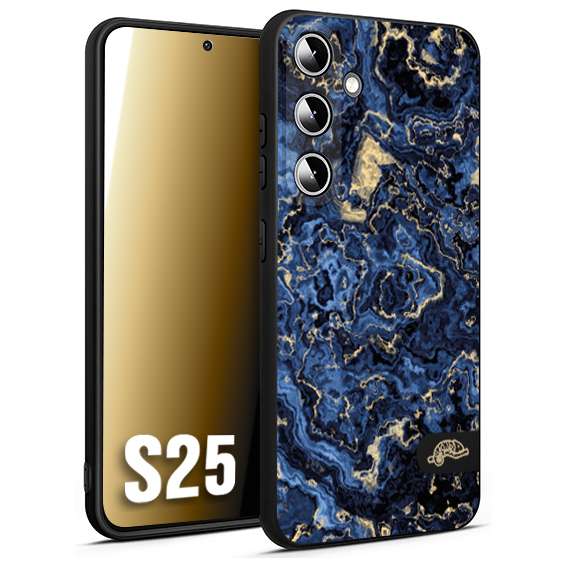CUSTOMIZZA - Custodia cover nera morbida in tpu compatibile per Samsung S25 effetto marmo marble blu venature dorato psichedelico