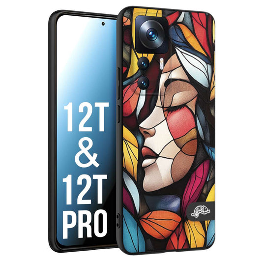 CUSTOMIZZA - Custodia cover nera morbida in tpu compatibile per Xiaomi 12T - 12T PRO Vetrata artistica volto di donna profilo fogliare mosaico di vetro colorato
