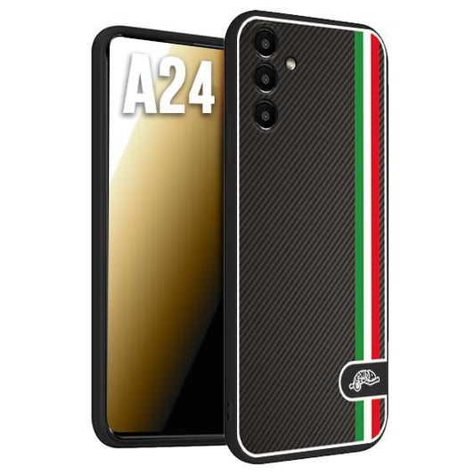 CUSTOMIZZA - Custodia cover nera morbida in tpu compatibile per Samsung A24 effetto fibra di carbonio bandiera Italia made in Italy