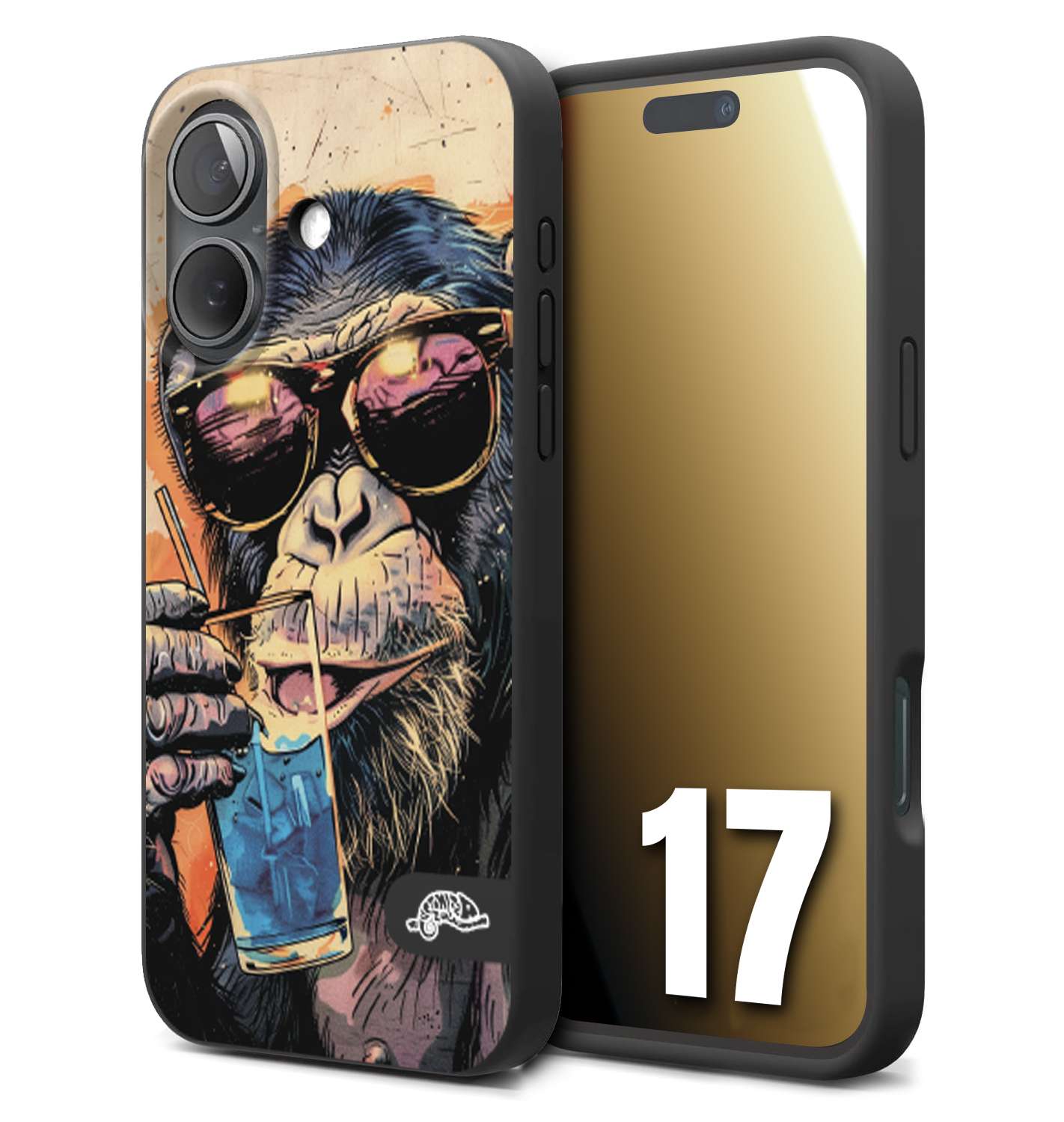 CUSTOMIZZA - Custodia cover nera morbida in tpu compatibile per iPhone 17 estate disegnata cocktails animali simpatici scimmia monkey negroni