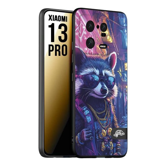 CUSTOMIZZA - Custodia cover nera morbida in tpu compatibile per Xiaomi 13 PRO animali simpatici cyberpunk procione racoon street cat fucsia blu giallo