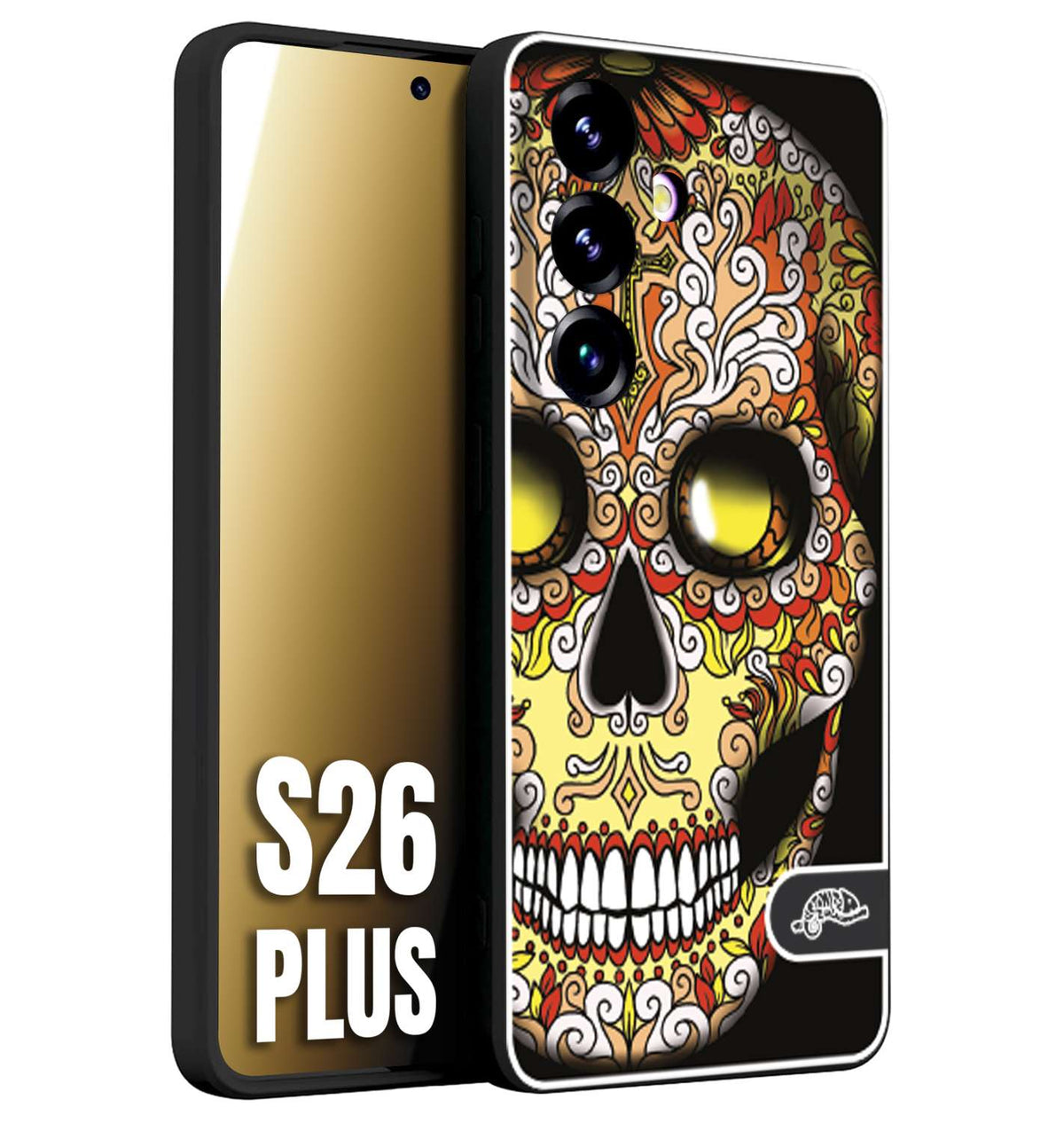 CUSTOMIZZA - Custodia cover nera morbida in tpu compatibile per Samsung S26 PLUS teschio messicano Mexican skull giallo rosso arancio