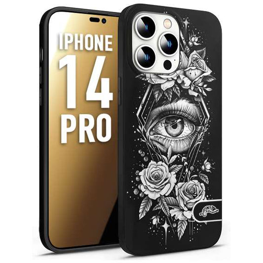 CUSTOMIZZA - Custodia cover nera morbida in tpu compatibile per iPhone 14 PRO occhio fiori rombo geometrico black and white bianco a rilievo disegnato tattoo tatuaggio