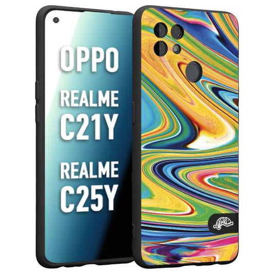 CUSTOMIZZA - Custodia cover nera morbida in tpu compatibile per Realme C21Y - C25Y colorata fantasia vortice marmo arcobaleno gialla verde blu