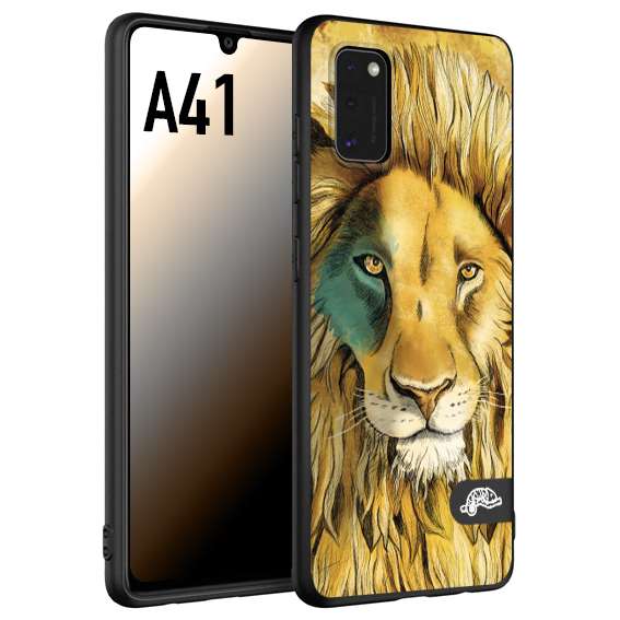 CUSTOMIZZA - Custodia cover nera morbida in tpu compatibile per Samsung A41 leone lion disegnato a mano giallo blu a rilievo artistico brown