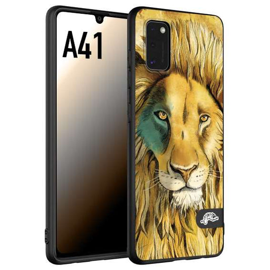 CUSTOMIZZA - Custodia cover nera morbida in tpu compatibile per Samsung A41 leone lion disegnato a mano giallo blu a rilievo artistico brown
