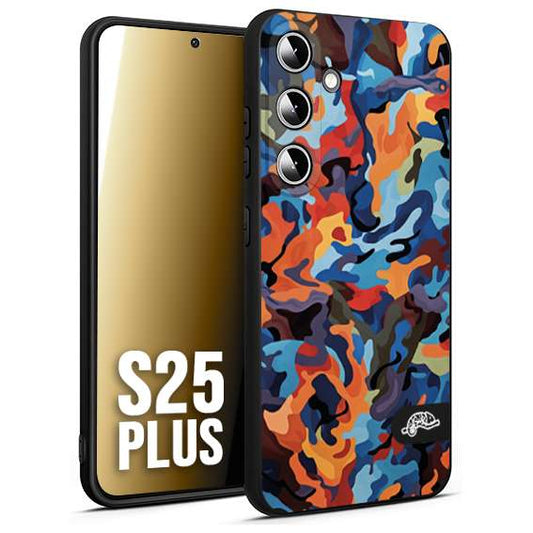 CUSTOMIZZA - Custodia cover nera morbida in tpu compatibile per Samsung S25 PLUS camouflage mimetico militare moderno blu arancio rosso