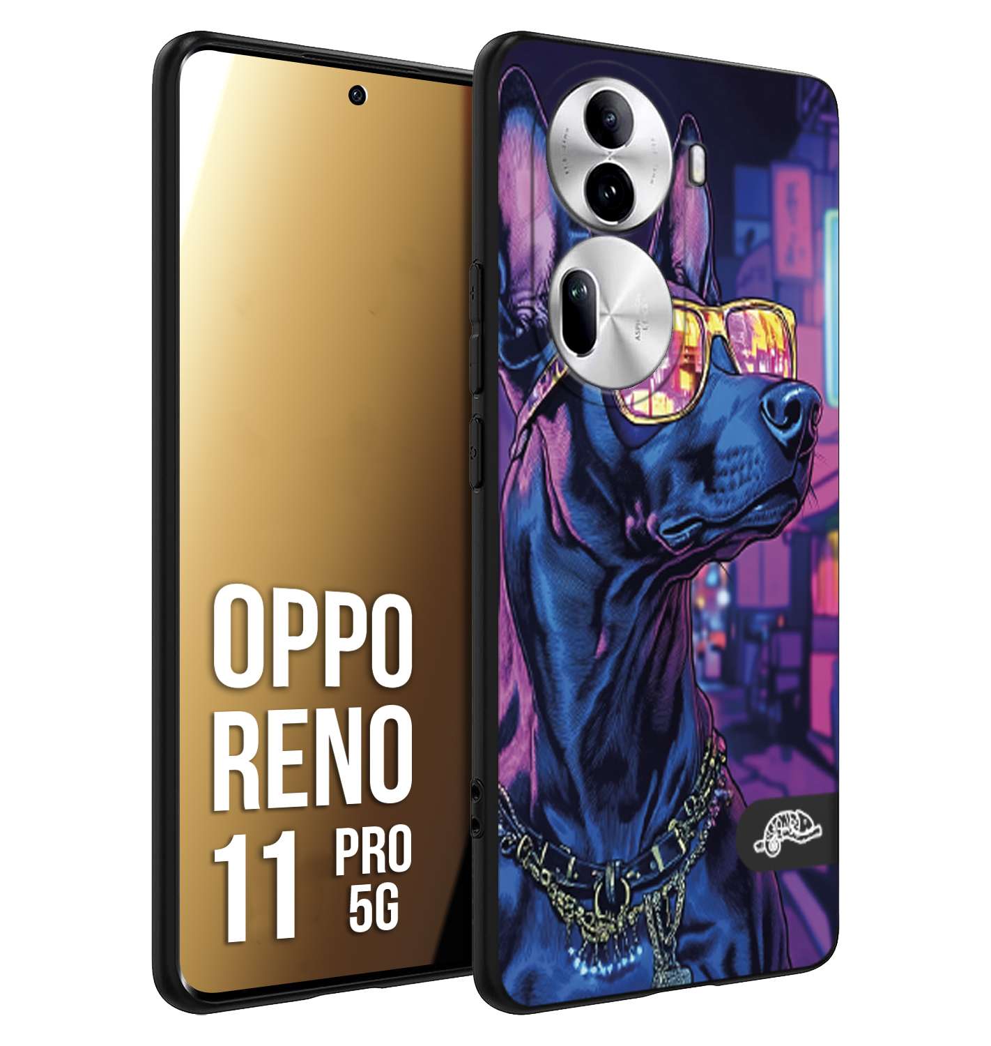 CUSTOMIZZA - Custodia cover nera morbida in tpu compatibile per Oppo Reno 11 PRO 5G animali cyberpunk dobermann cane street dog fucsia blu night