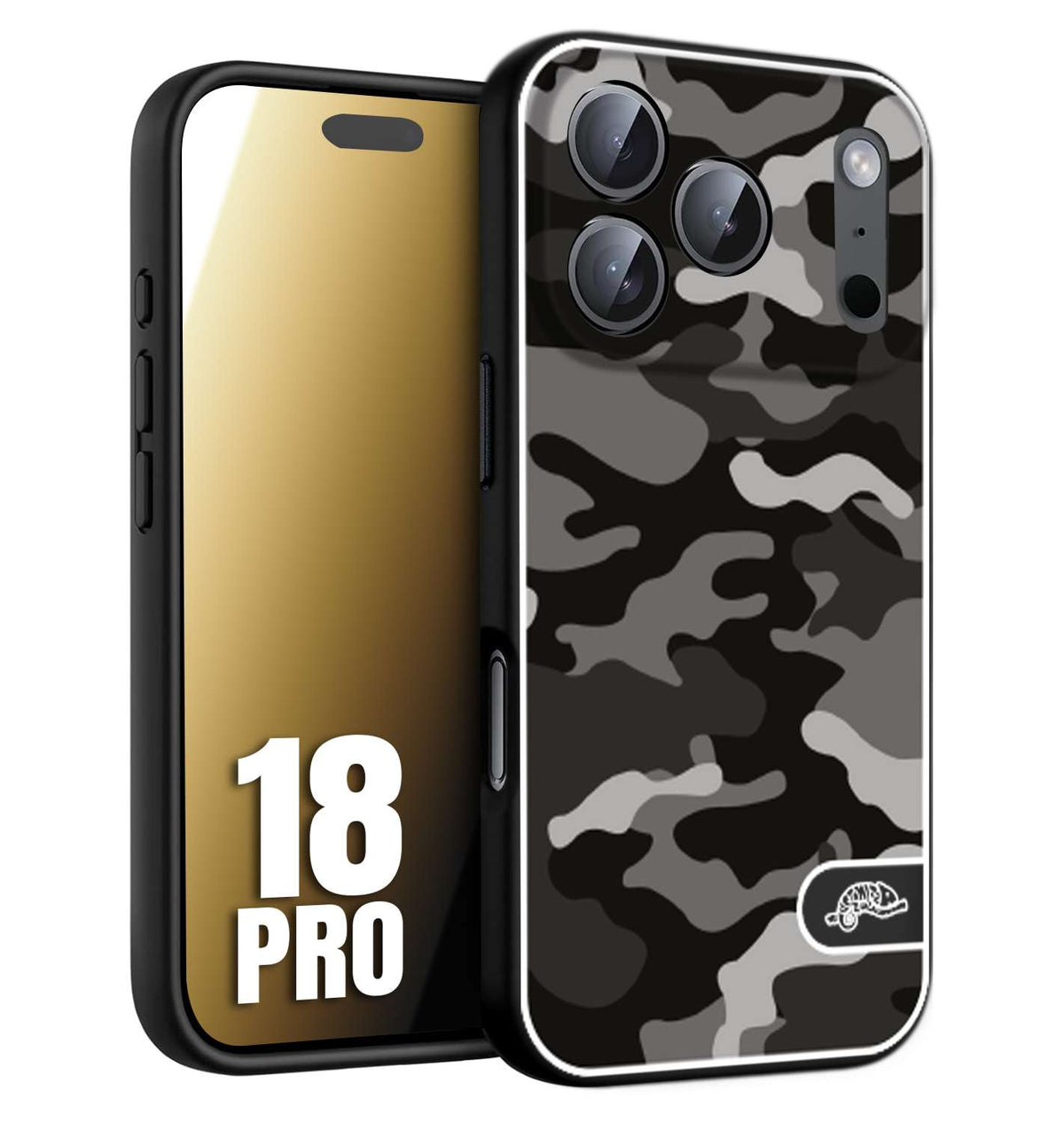 CUSTOMIZZA - Custodia cover nera morbida in tpu compatibile per iPhone 18 PRO camouflage mimetico militare nero black grigio
